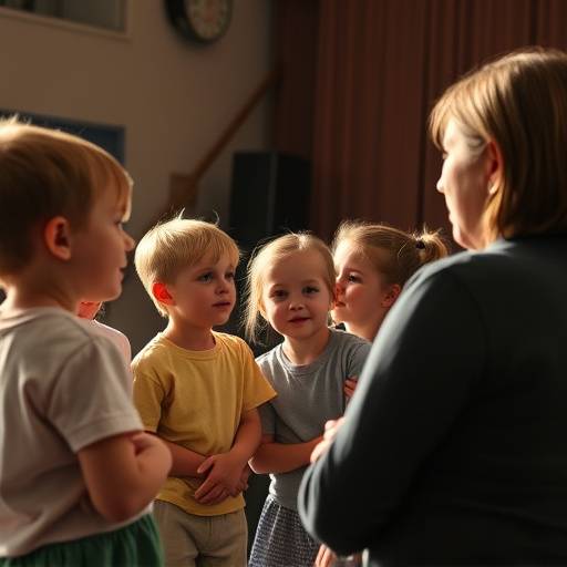 Bilde av en gruppe barn som deltar i en teaterworkshop med en instruktør.