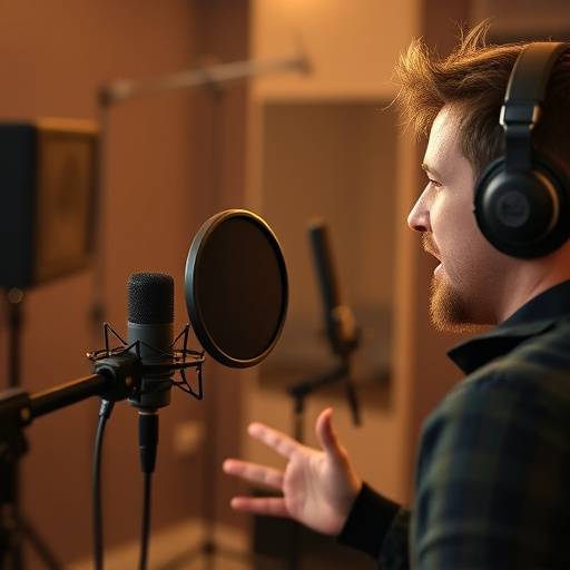 Bilde av en skuespiller som jobber med stemmen sin foran en mikrofon i et lydstudio.