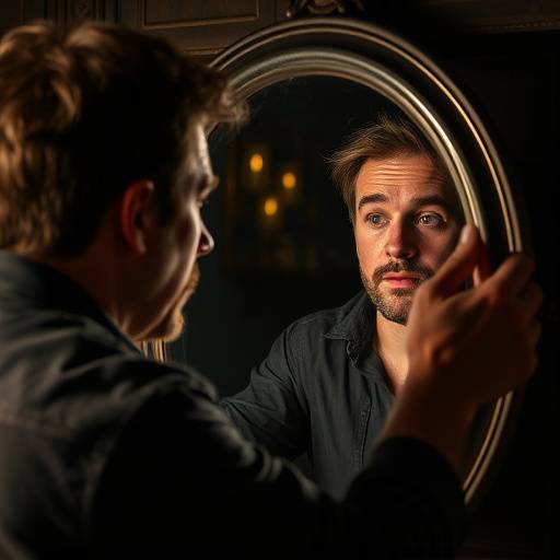 Bilde av en skuespiller som ser reflektert i et speil og utforsker ulike ansiktsuttrykk for karakterutvikling.